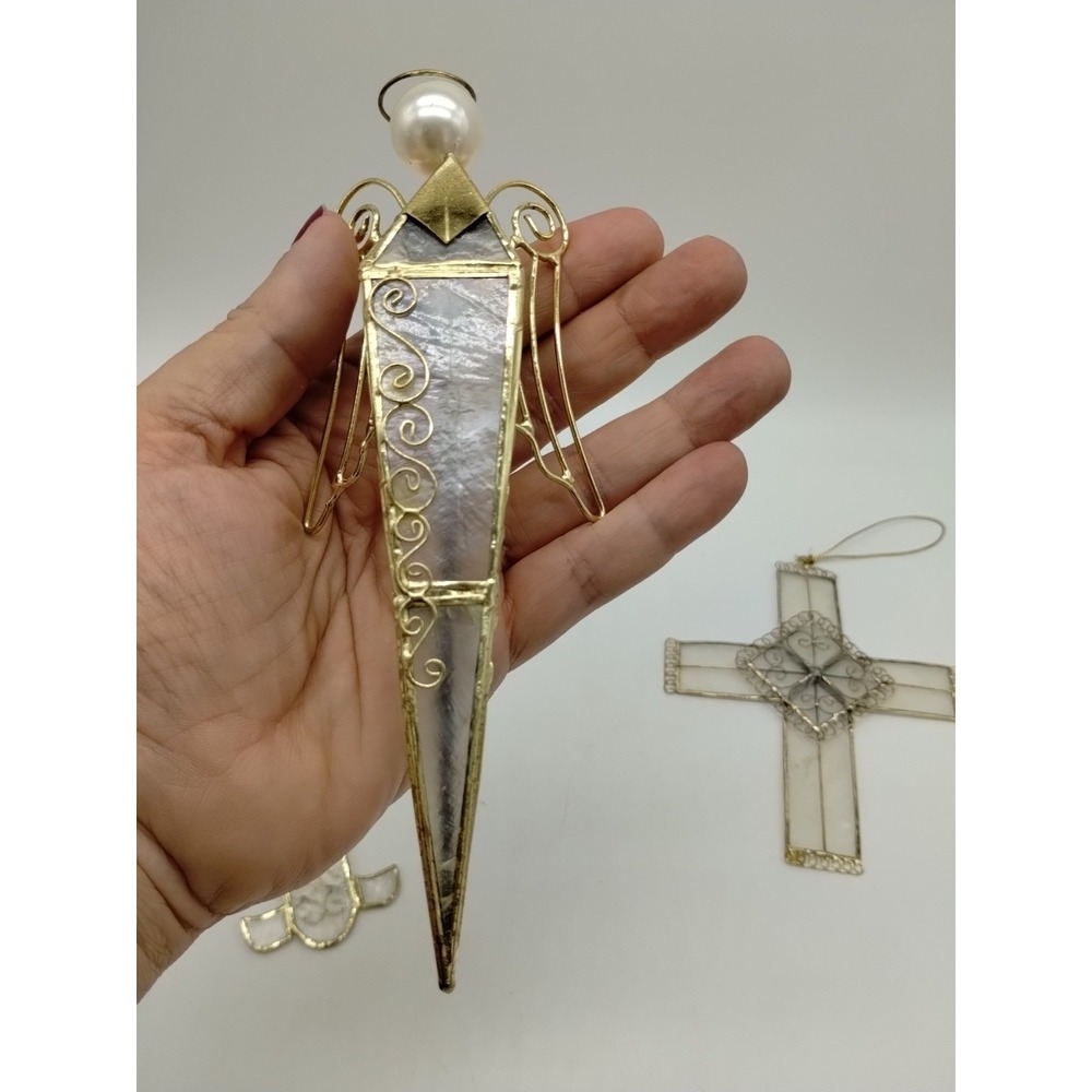 Set Of 3 Stain Glass Look Christmas Ornaments Angel Cross Made From Shell? - Picture 10 of 14